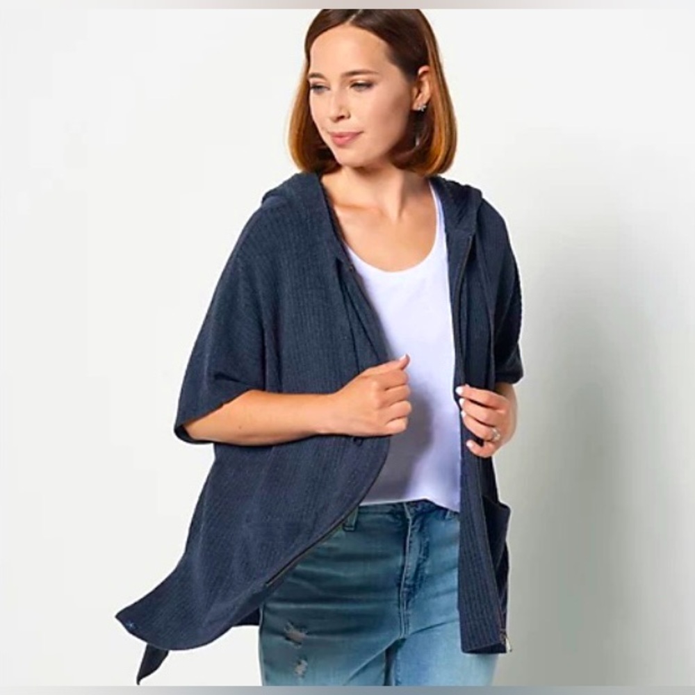 NWT $140 Barefoot Dreams Cozychic Ultra Lite Ribbed Zip Up Poncho Indigo XXS/XS